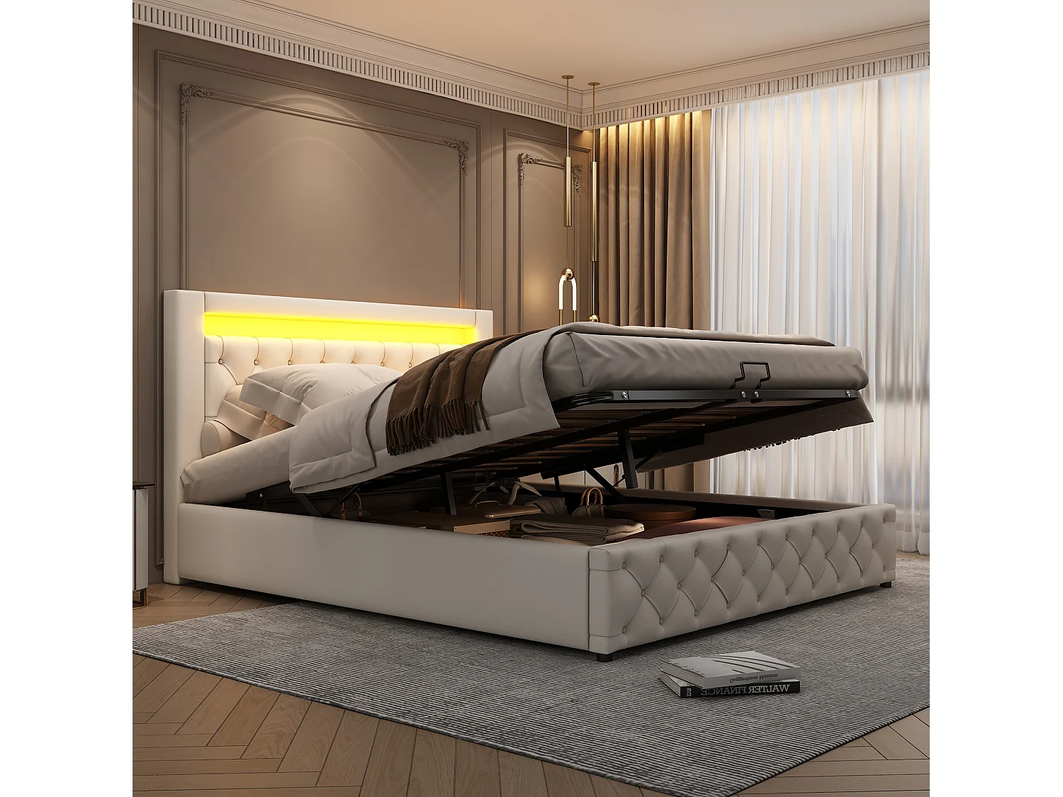 Lit coffre 140x200 cm - lit adulte avec sommier à lattes, rangements et éclairage LED - PU - blanc