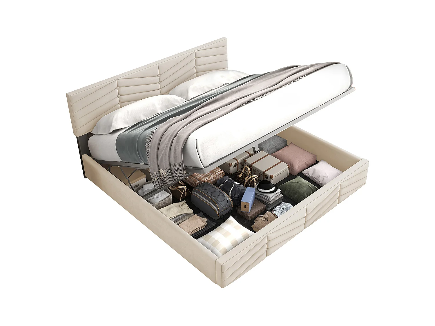 Lit coffre 160x200 cm - Lit adulte avec tête de lit réglable en hauteur - Style rayé - Velours - Beige