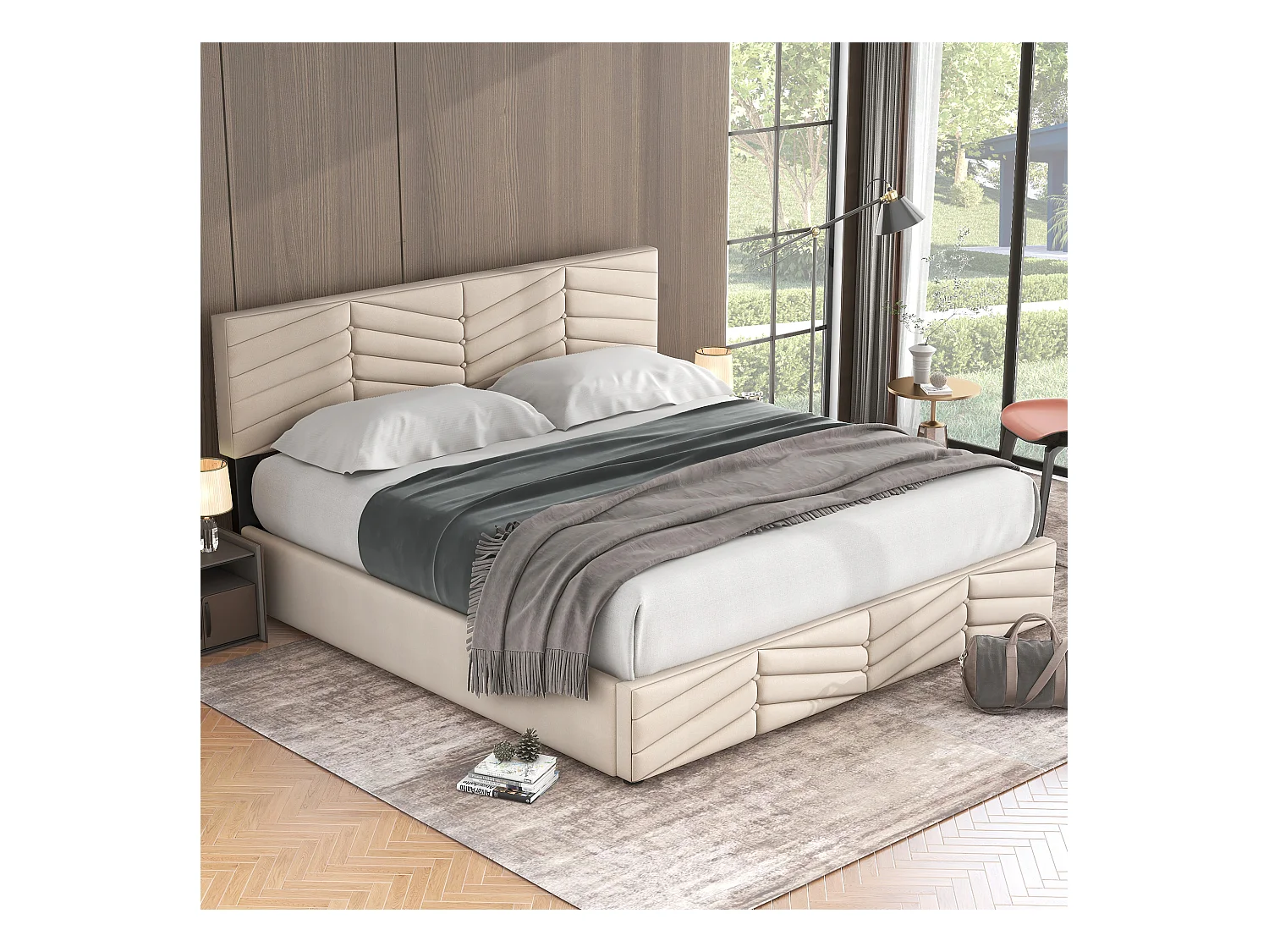 Letto contenitore 160x200 cm - letto imbottito con testiera regolabile in altezza - stile rigato - velluto - beige