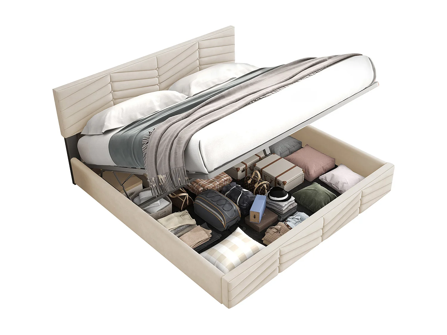 Lit coffre 160x200 cm - Lit adulte avec tête de lit réglable en hauteur - Style rayé - Velours - Beige