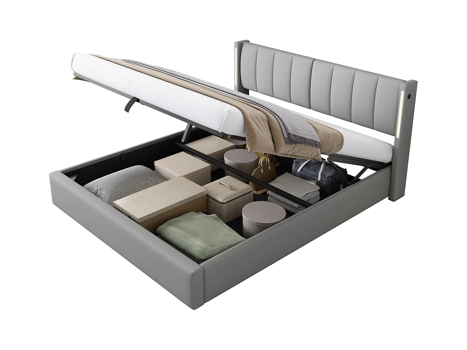Lit coffre 140x200 cm - lit capitonné avec éclairage LED et port USB rechargeable - tête de lit réglable - PU - gris