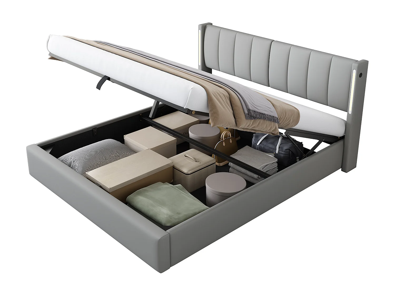 Lit coffre 140x200 cm - lit capitonné avec éclairage LED et port USB rechargeable - tête de lit réglable - PU - gris