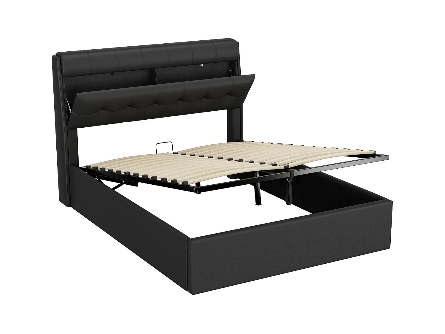 Lit coffre 140x200 cm - lit capitonné avec sommier à lattes et tête de lit coffre - PU - noir - sans matelas