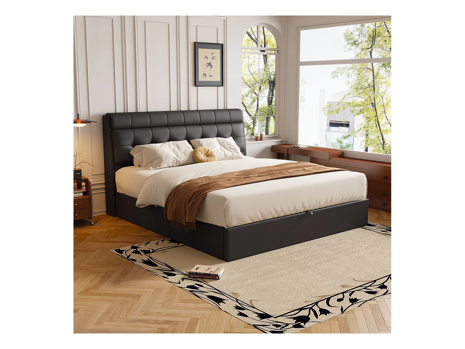 Lit coffre 140x200 cm - lit capitonné avec sommier à lattes et tête de lit coffre - PU - noir - sans matelas