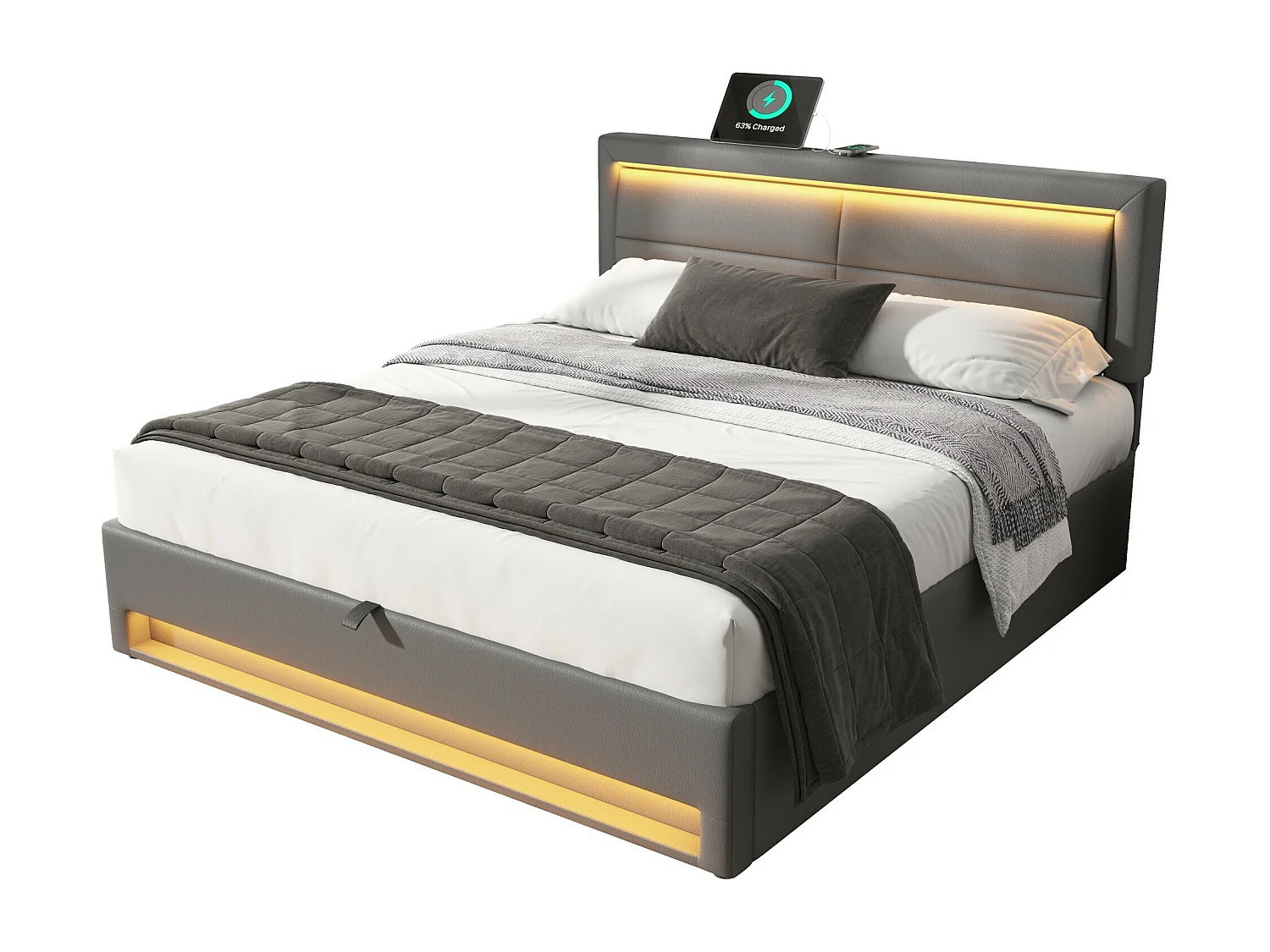 Lit coffre 140x200 cm - lit adulte avec port USB, éclairage LED et rangements - PU - gris - sans matelas