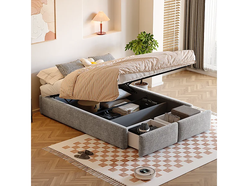 Lit coffre 140x200cm, lit adulte avec 2 tiroirs sans tête de lit, sans matelas, gris