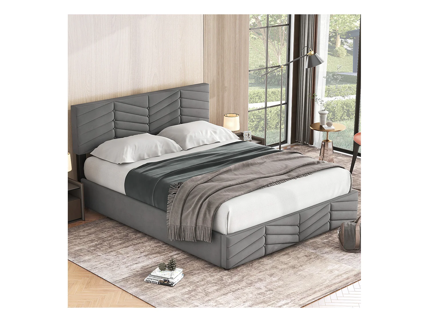Lit coffre 140x200 cm - Lit adulte avec tête de lit réglable en hauteur - Style rayé - Velours - Gris