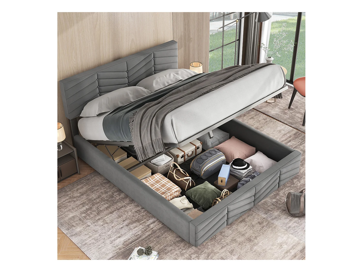 Lit coffre 140x200 cm - Lit adulte avec tête de lit réglable en hauteur - Style rayé - Velours - Gris