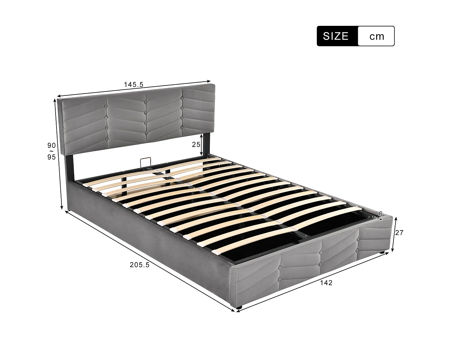 Lit coffre 140x200 cm - Lit adulte avec tête de lit réglable en hauteur - Style rayé - Velours - Gris