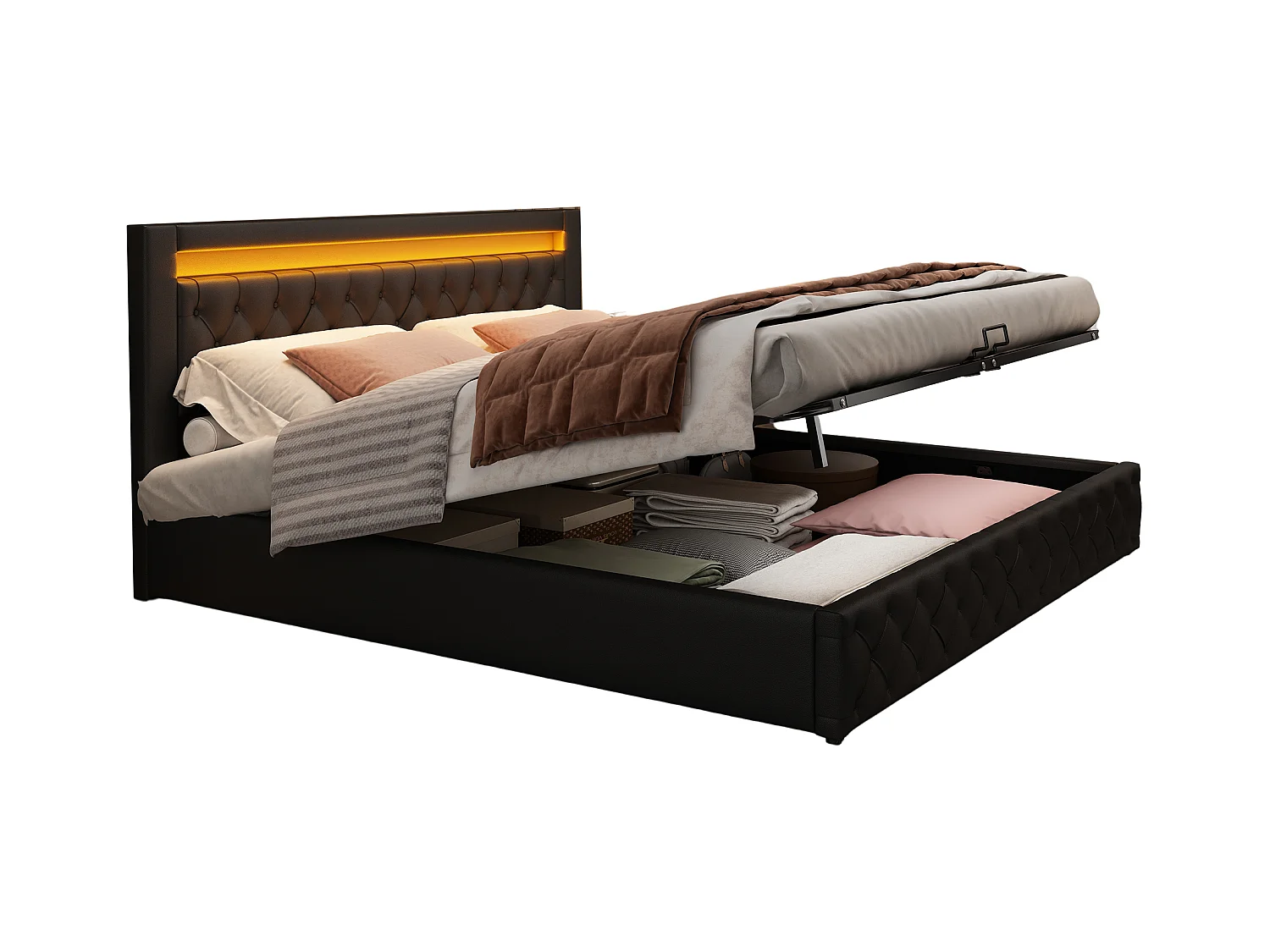 Lit coffre 140x200 cm - lit double avec sommier à lattes, rangements et éclairage LED - PU - noir