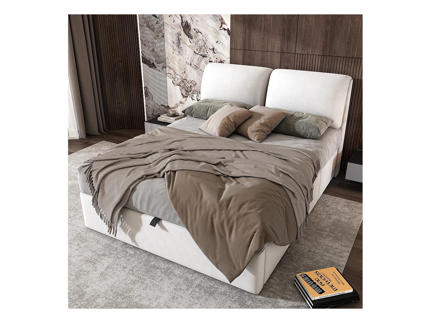Lit coffre 140x190 cm - Lit double avec 3 tiroirs, coffres de rangement et tête de lit - Velours - Beige