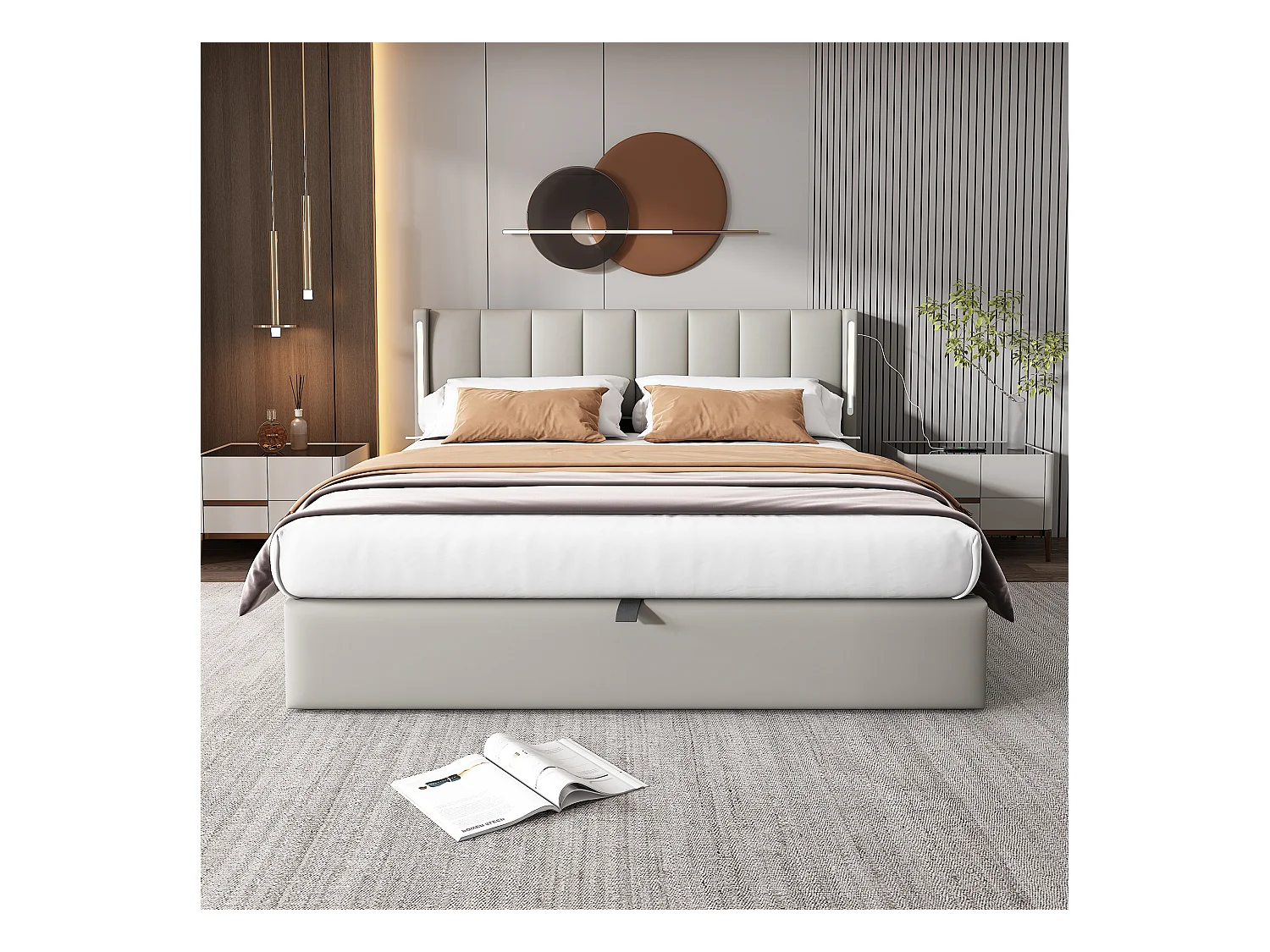 Lit coffre 140x190 cm - Lit adulte avec éclairage LED et port USB rechargeable - tête de lit réglable - PU - gris