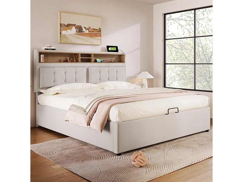Letto contenitore 160x200 cm - letto matrimoniale imbottito con testiera, funzione di ricarica USB C - lino - beige - senza materasso