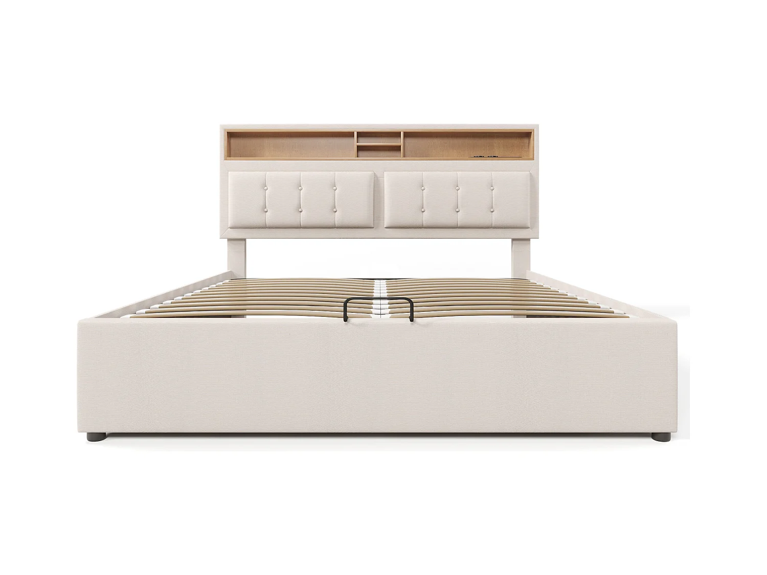 Lit coffre 160x200 cm - lit double capitonné avec tête de lit fonction chargement prise USB C - lin - beige - sans matelas