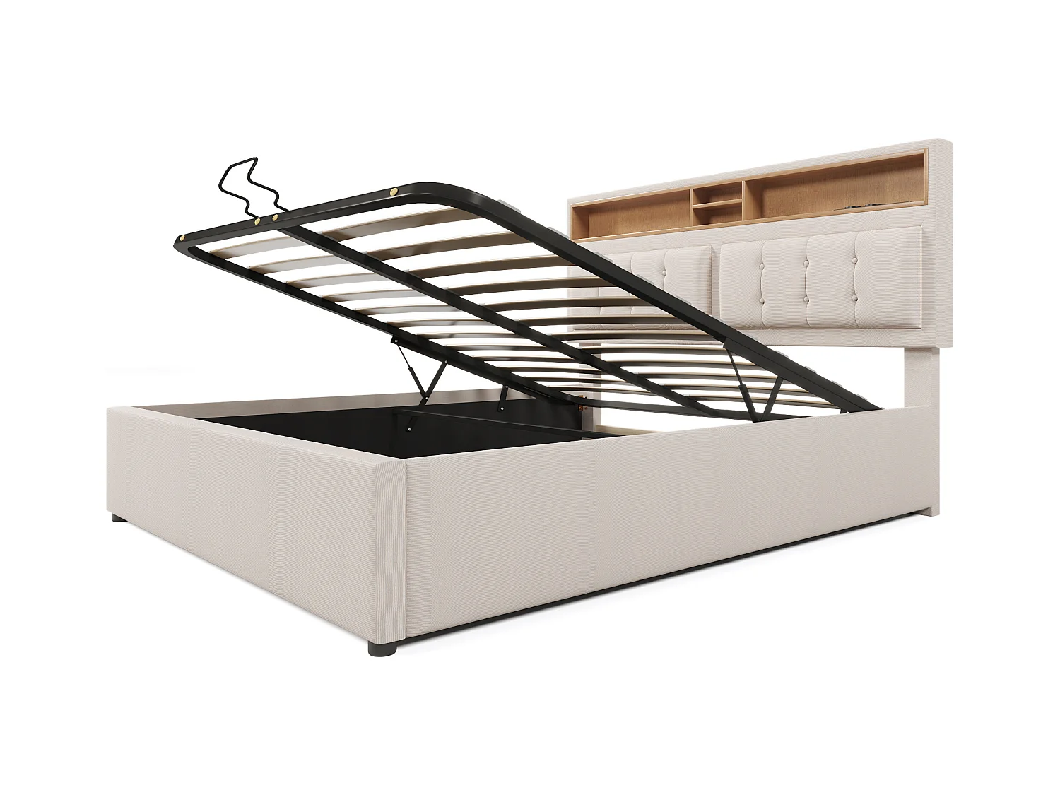 Lit coffre 160x200 cm - lit double capitonné avec tête de lit fonction chargement prise USB C - lin - beige - sans matelas