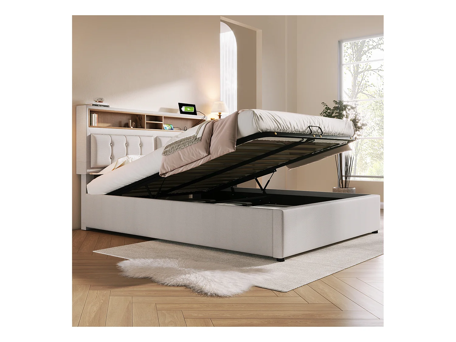 Letto contenitore 160x200 cm - letto matrimoniale imbottito con testiera, funzione di ricarica USB C - lino - beige - senza materasso