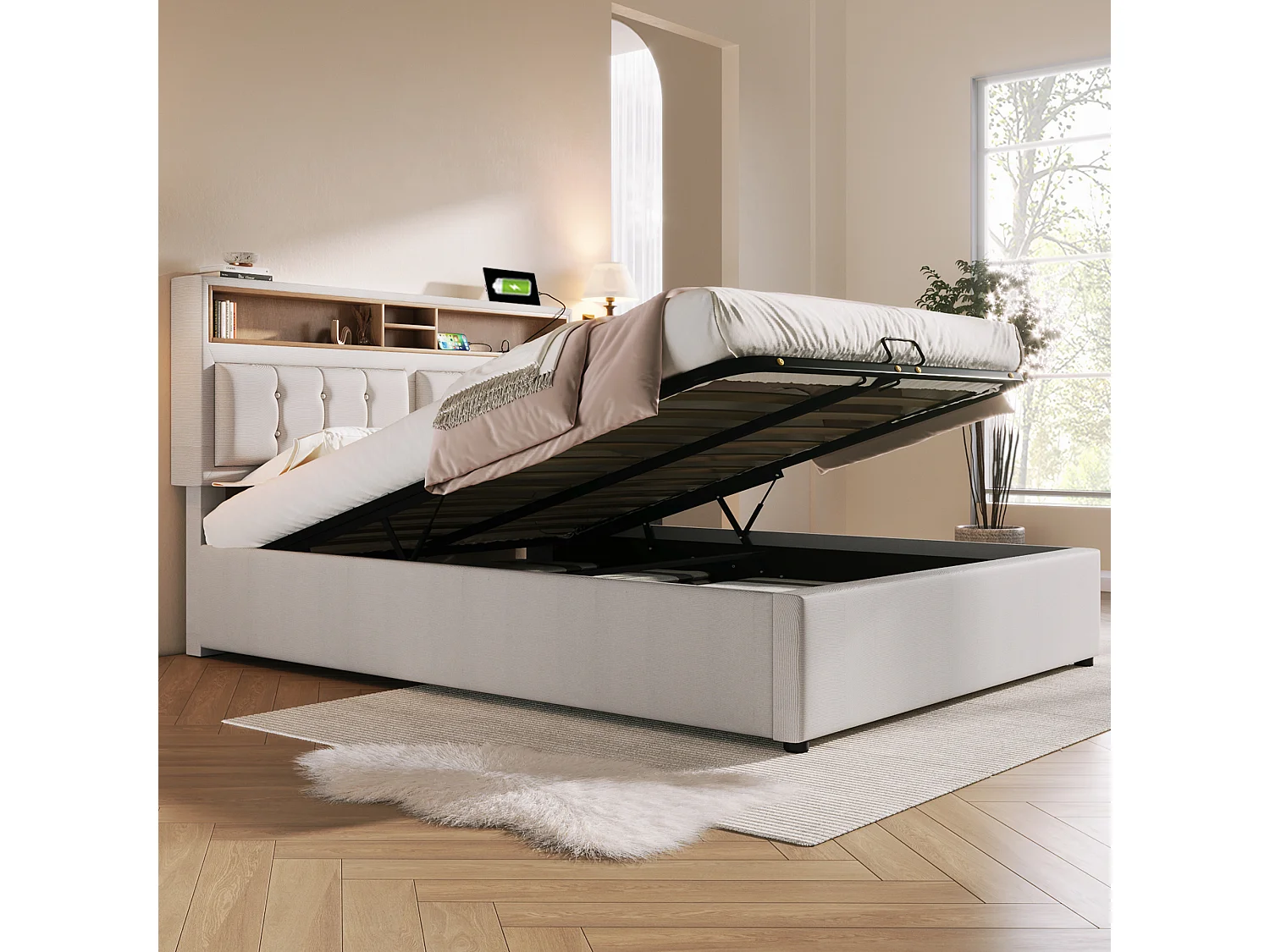 Lit coffre 160x200 cm - lit double capitonné avec tête de lit fonction chargement prise USB C - lin - beige - sans matelas