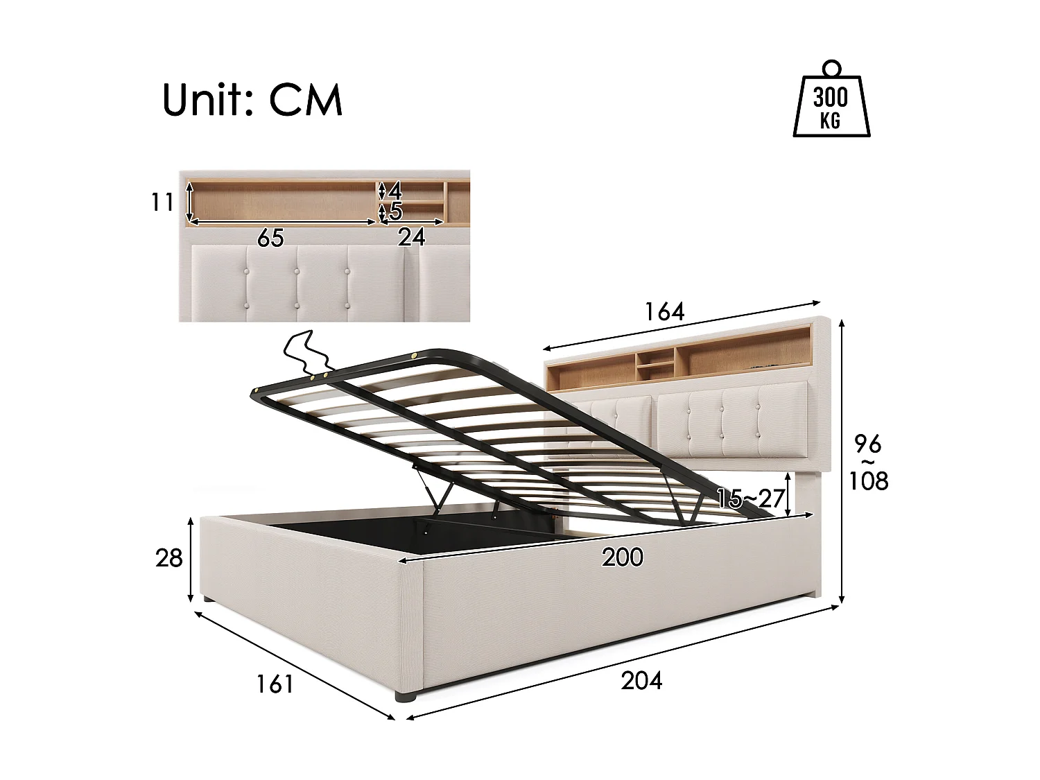 Lit coffre 160x200 cm - lit double capitonné avec tête de lit fonction chargement prise USB C - lin - beige - sans matelas