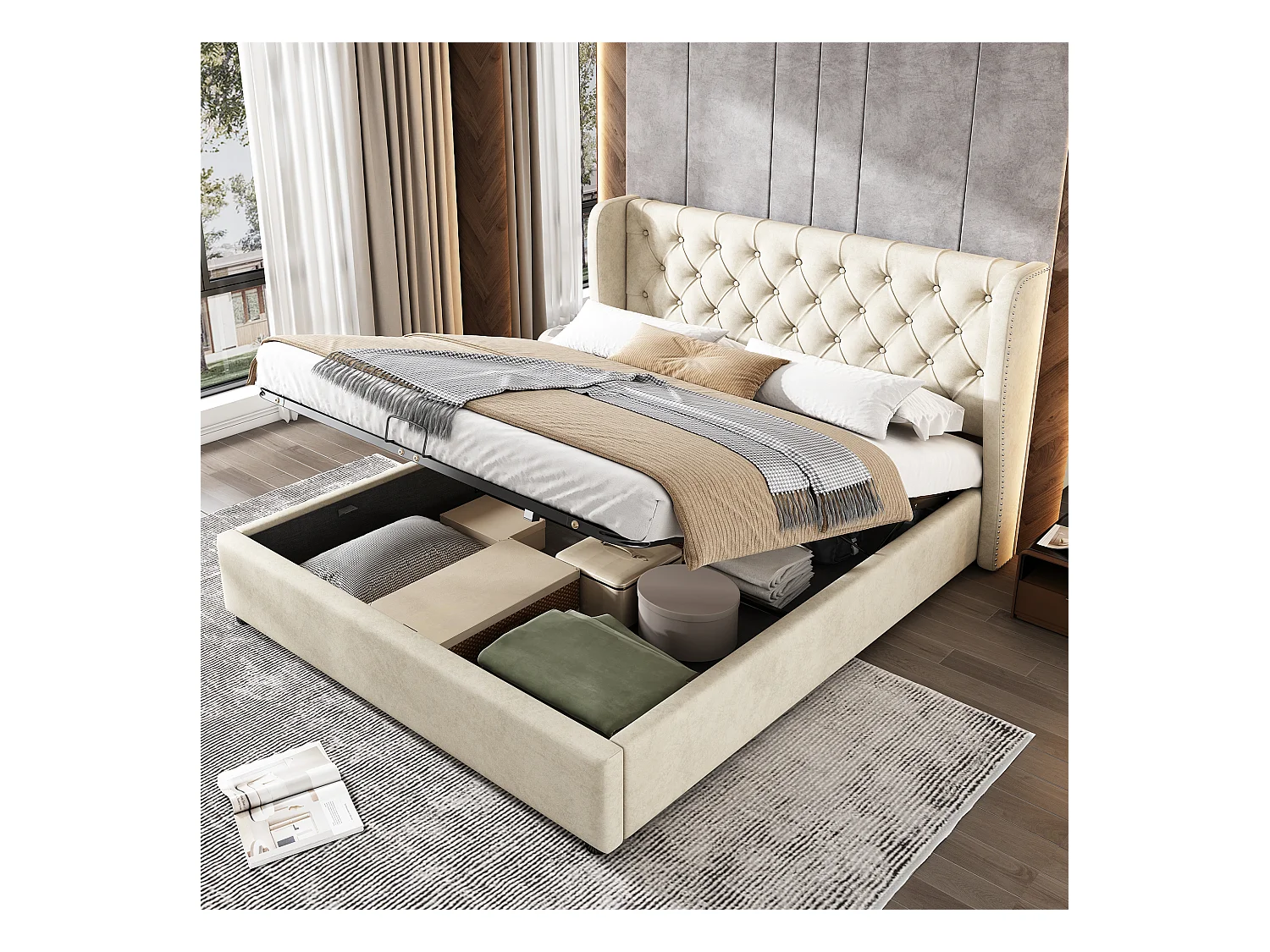 Lit coffre adulte 140x200 cm - Forme oreille - en velours beige (sans matelas)