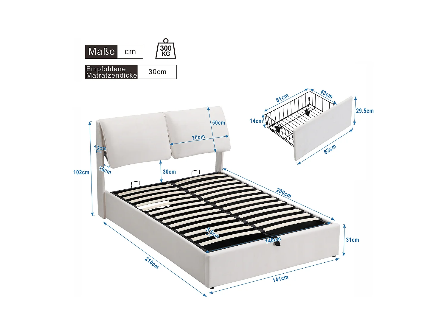 Cama con almacenaje 140x200 cm - cama acolchada con 3 cajones, cómodas y cabecero - terciopelo - beige