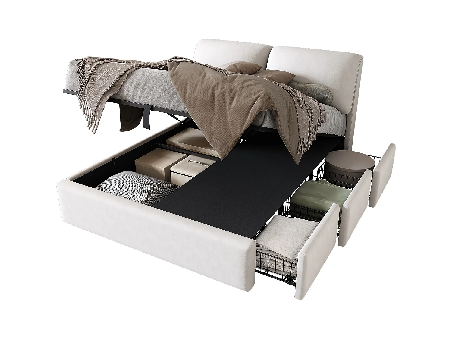 Cama con almacenaje 140x200 cm - cama acolchada con 3 cajones, cómodas y cabecero - terciopelo - beige