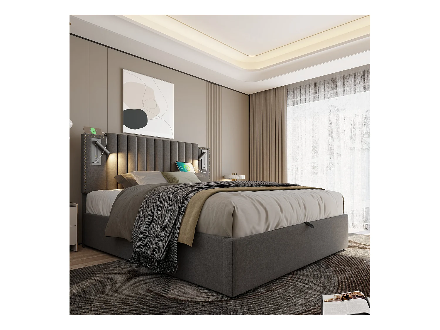 Cama contenedor 140x200 cm - cama doble tapizada con función de carga USB y lámpara de lectura - algodón - gris - sin colchón