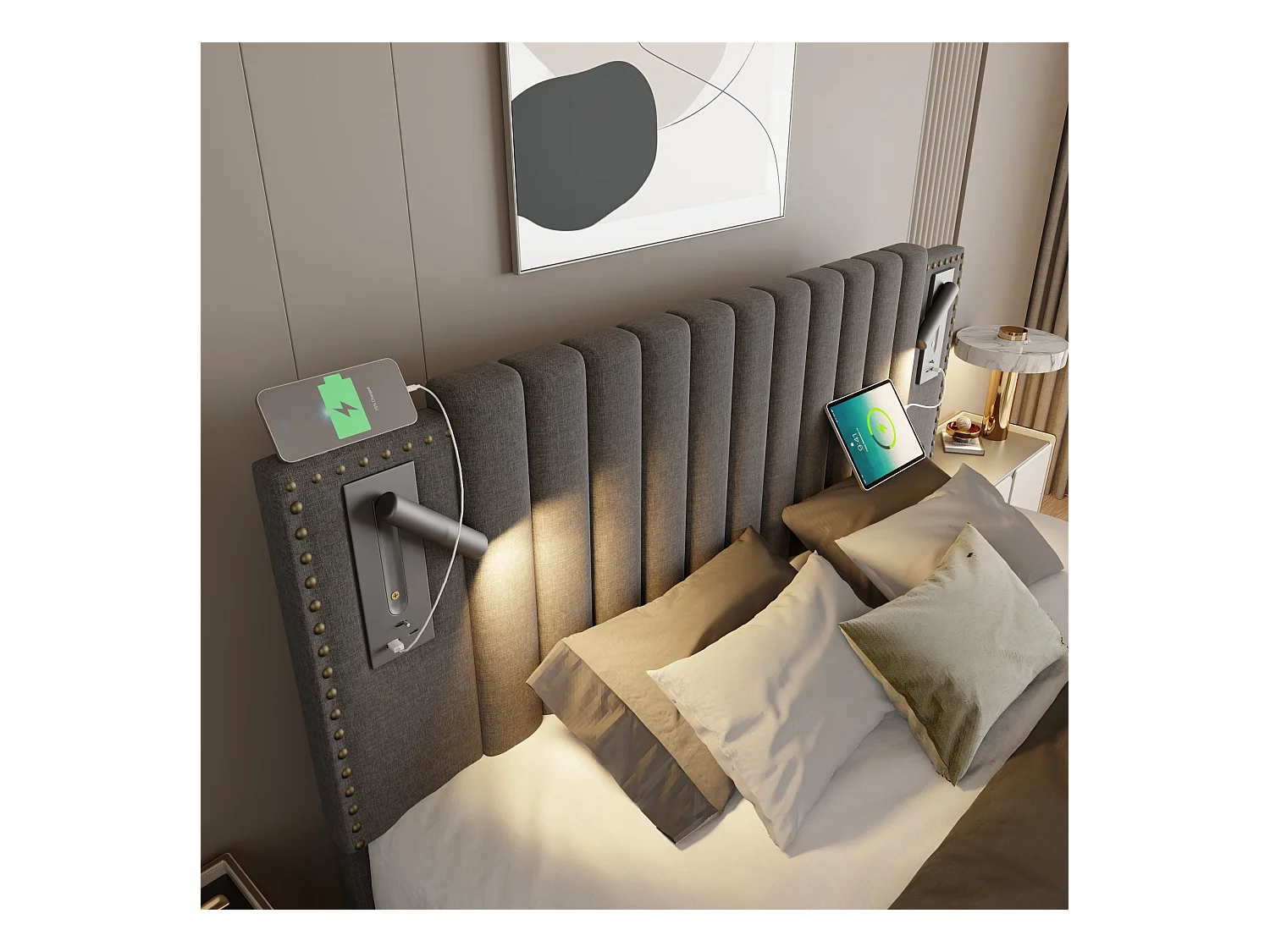 Cama contenedor 140x200 cm - cama doble tapizada con función de carga USB y lámpara de lectura - algodón - gris - sin colchón