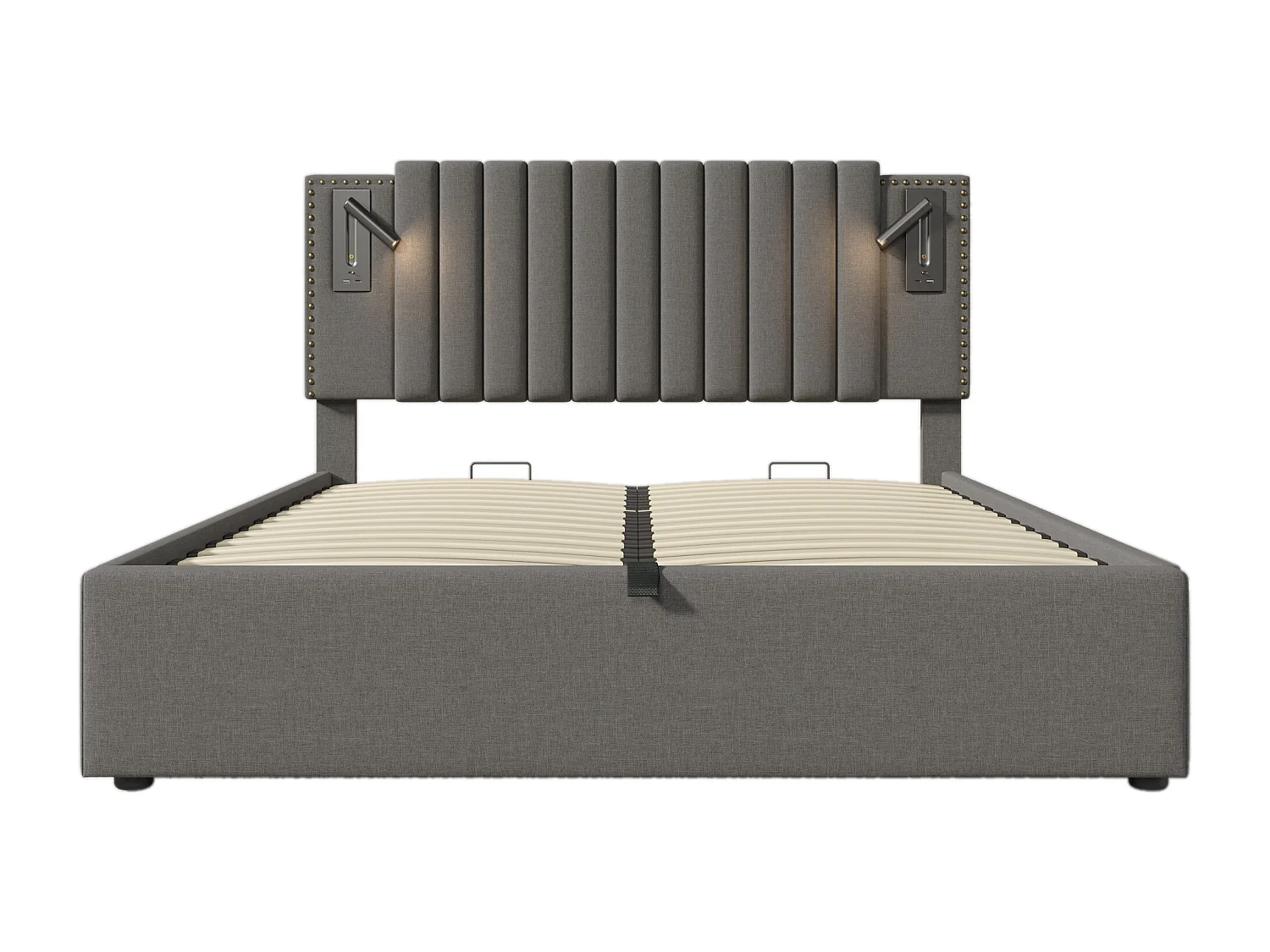 Opbergbed 140x200 cm - gestoffeerd tweepersoonsbed met USB-oplaadfunctie en leeslamp - katoen - grijs - zonder matras