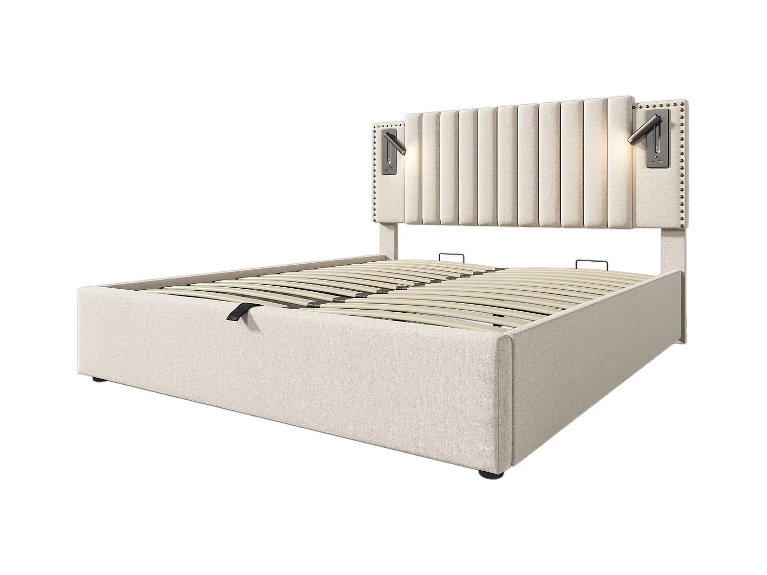 Lit coffre 160x200 cm - lit double rembourré avec fonction de charge USB et lampe de lecture - coton - beige - sans matelas
