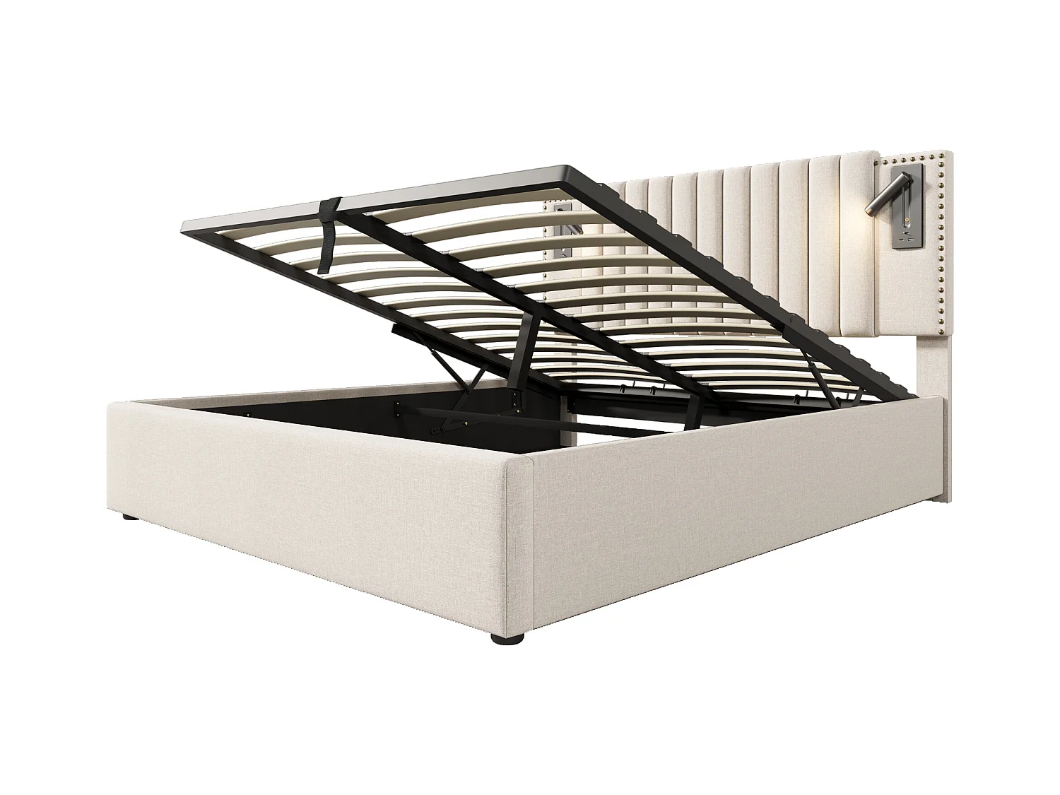 Lit coffre 160x200 cm - lit double rembourré avec fonction de charge USB et lampe de lecture - coton - beige - sans matelas