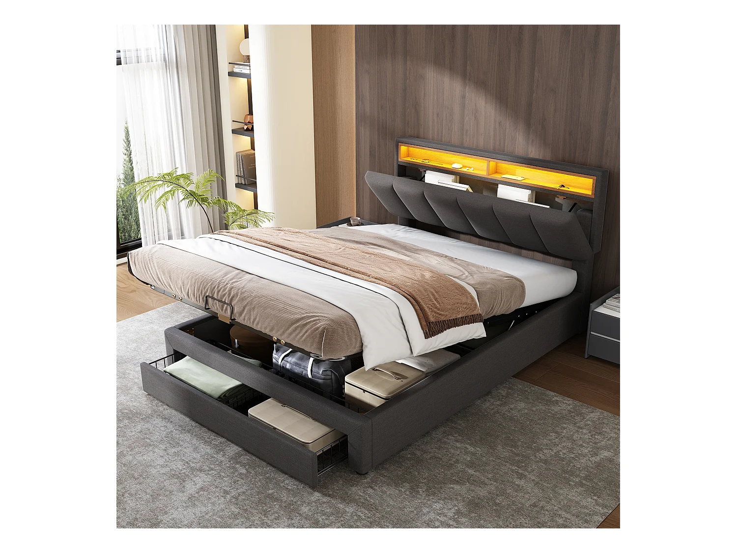 Lit coffre adulte 140x190 cm ,lit adulte en tissu lin gris avec LED – Design moderne,sommier inclus(sans matelas)