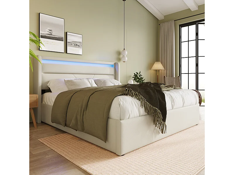 Lit coffre 140x200 cm - lit double avec bandeau lumineux LED et télécommande - PU - blanc