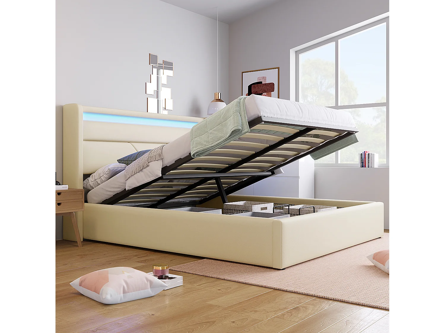 Lit coffre 140x200 cm - lit double avec bandeau lumineux LED et télécommande - PU - blanc