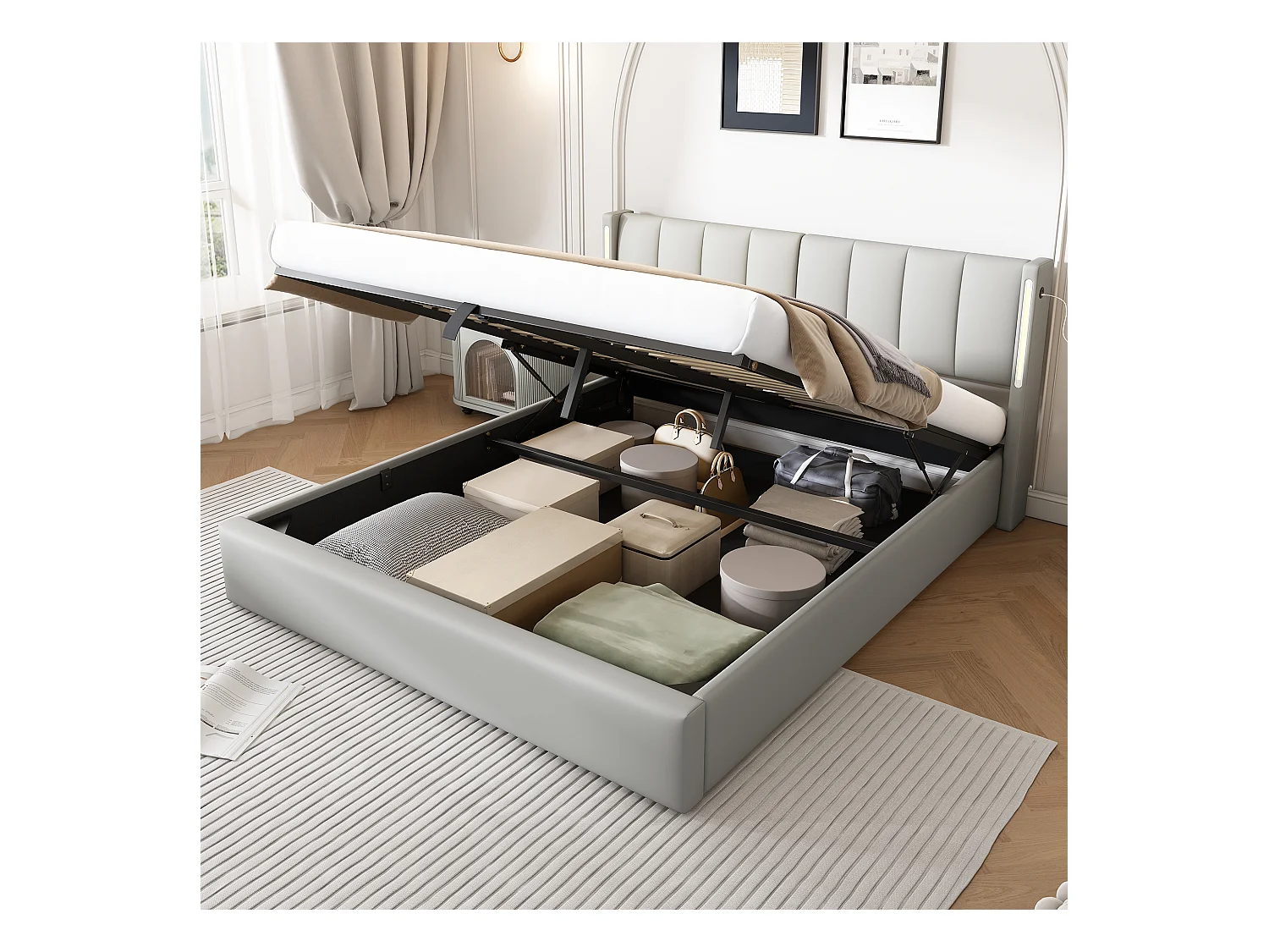 Lit coffre 180x200 cm - lit capitonné avec éclairage LED et port USB rechargeable - tête de lit réglable - PU - gris