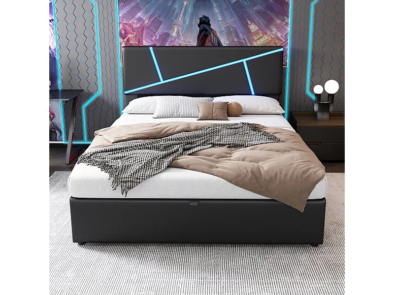 Lit coffre 90x200 cm - lit enfant avec bande lumineuse LED, sommier à lattes et dossier - PU - noir