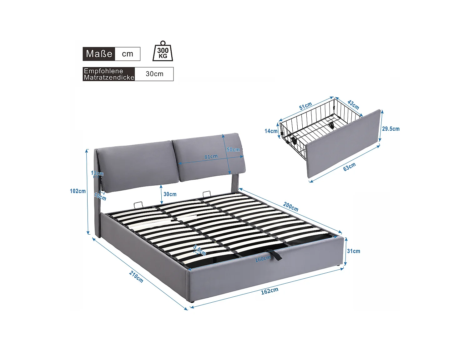 Lit coffre 160x200 cm - Lit adulte avec 3 tiroirs, coffres de rangement et tête de lit - Velours - Gris