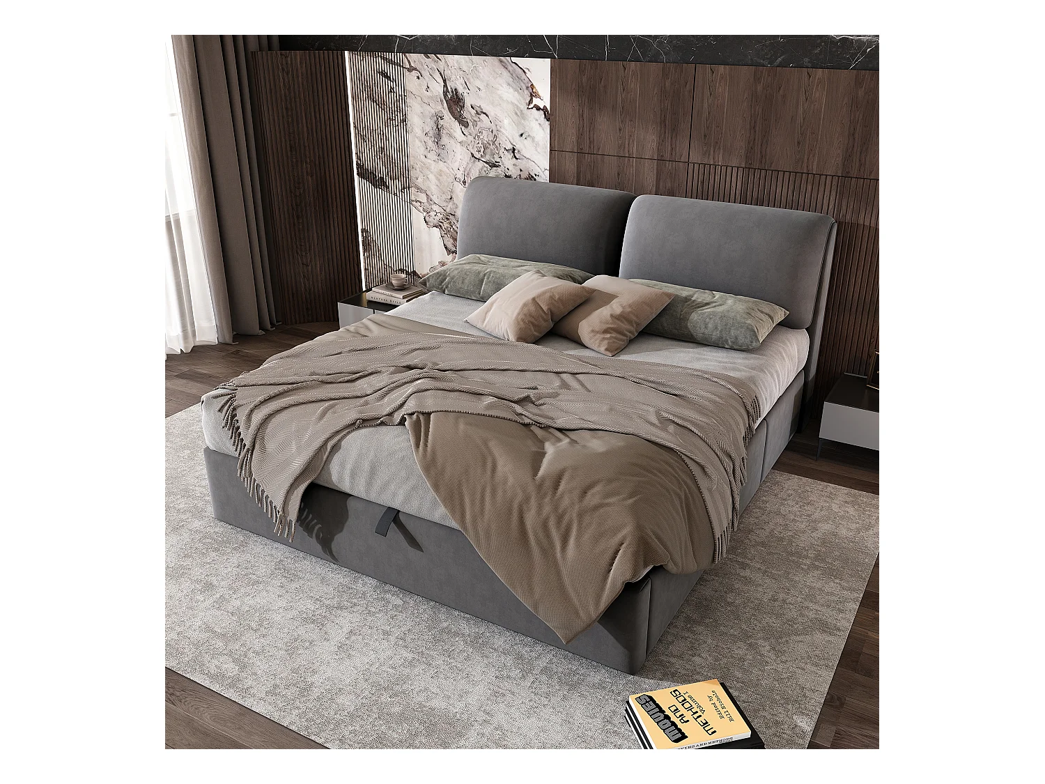 Lit coffre 160x200 cm - Lit adulte avec 3 tiroirs, coffres de rangement et tête de lit - Velours - Gris