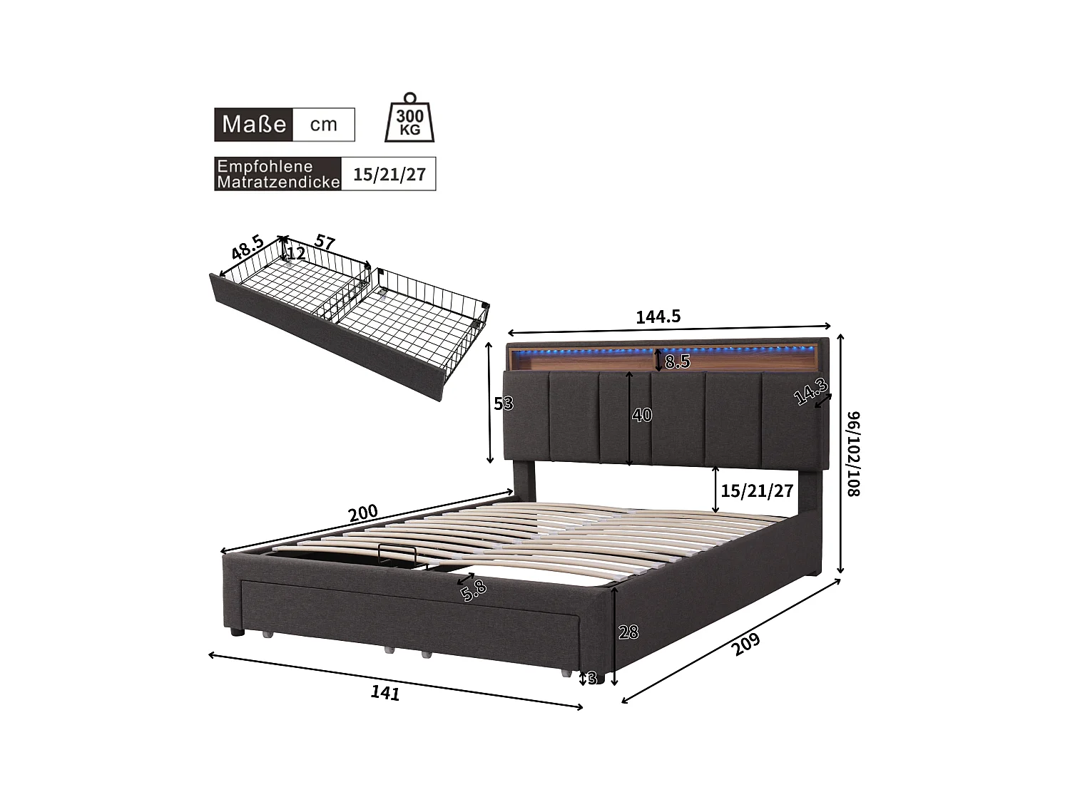 Tweepersoons opbergbed 140x200 cm, volwassen bed van grijze linnenstof met LED – modern design, lattenbodem inbegrepen (zonder matras)
