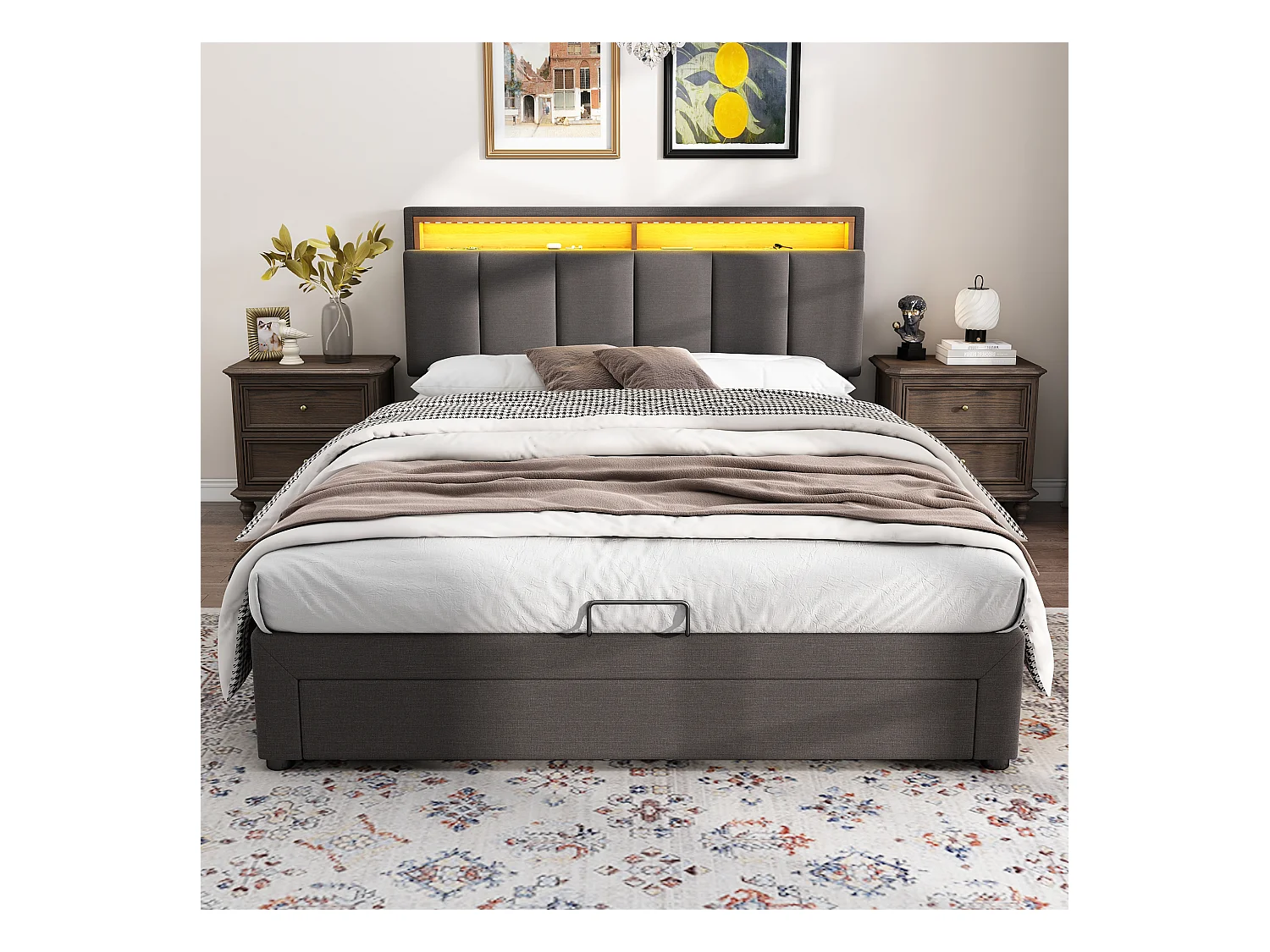 Tweepersoons opbergbed 140x200 cm, volwassen bed van grijze linnenstof met LED – modern design, lattenbodem inbegrepen (zonder matras)