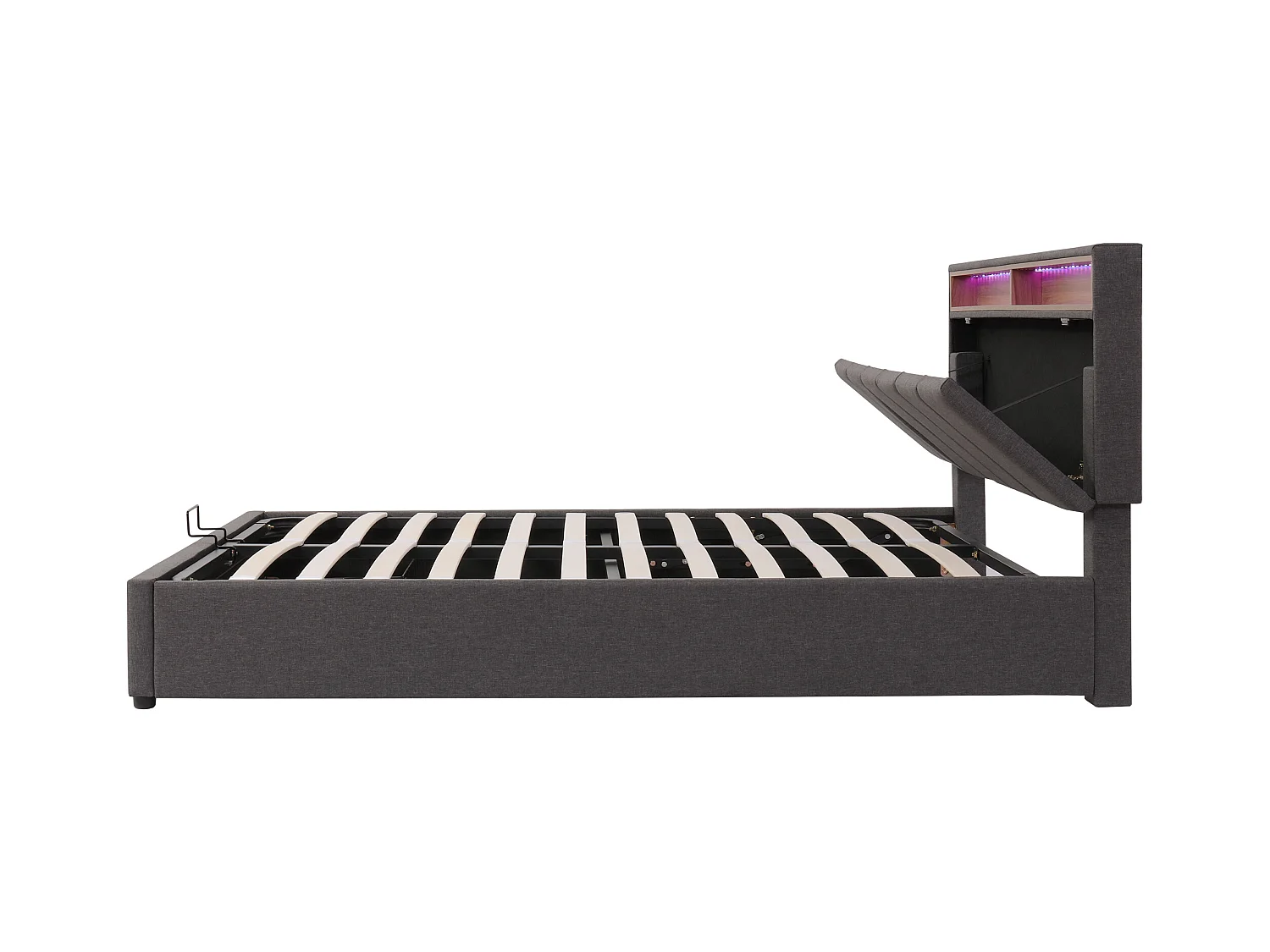 Tweepersoons opbergbed 140x200 cm, volwassen bed van grijze linnenstof met LED – modern design, lattenbodem inbegrepen (zonder matras)