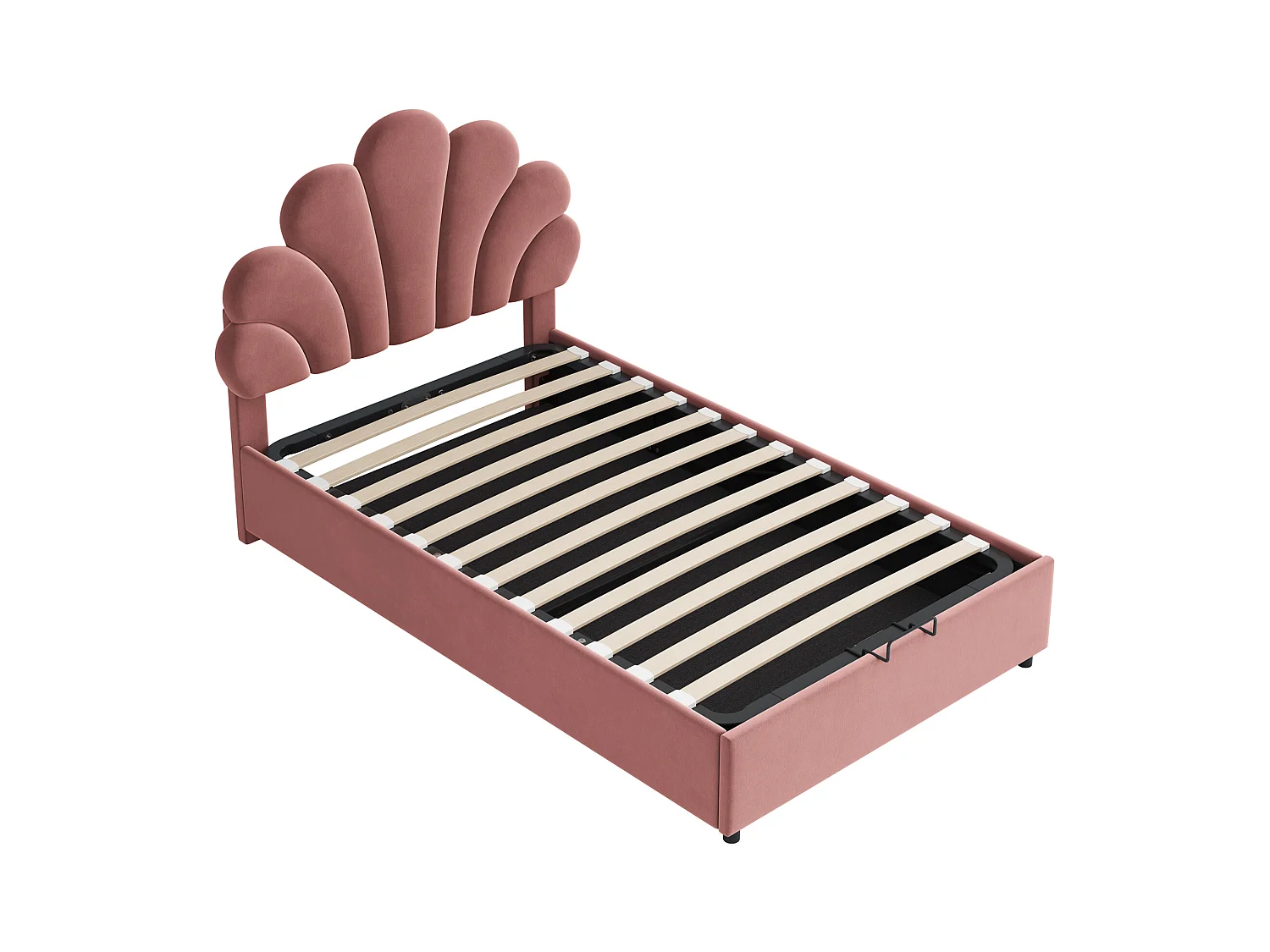 Lit coffre 90x200 cm rouge en velours - lit adulte simple Tête Florale et Sommier - lit avec rangement - Sans Matelas