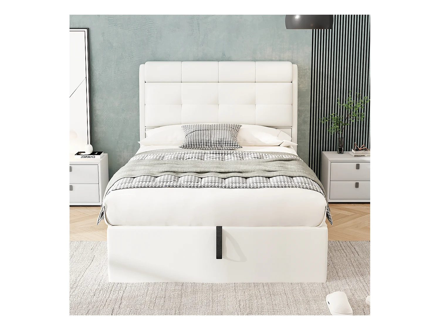 Lit coffre 90x200 cm - lit capitonné avec sommier à lattes et tête de lit coffre - PU - blanc - sans matelas