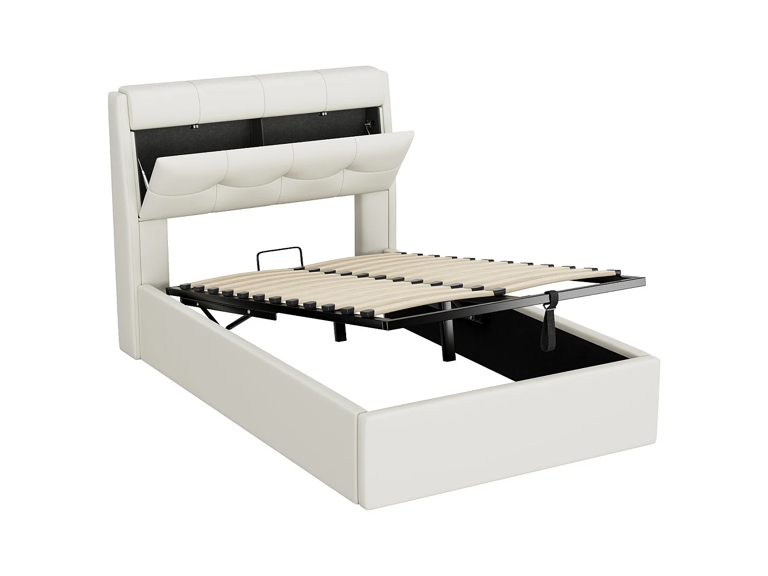 Opbergbed 90x200 cm - kinderbed met lattenbodem en opberghoofdeinde - PU - wit - zonder matras