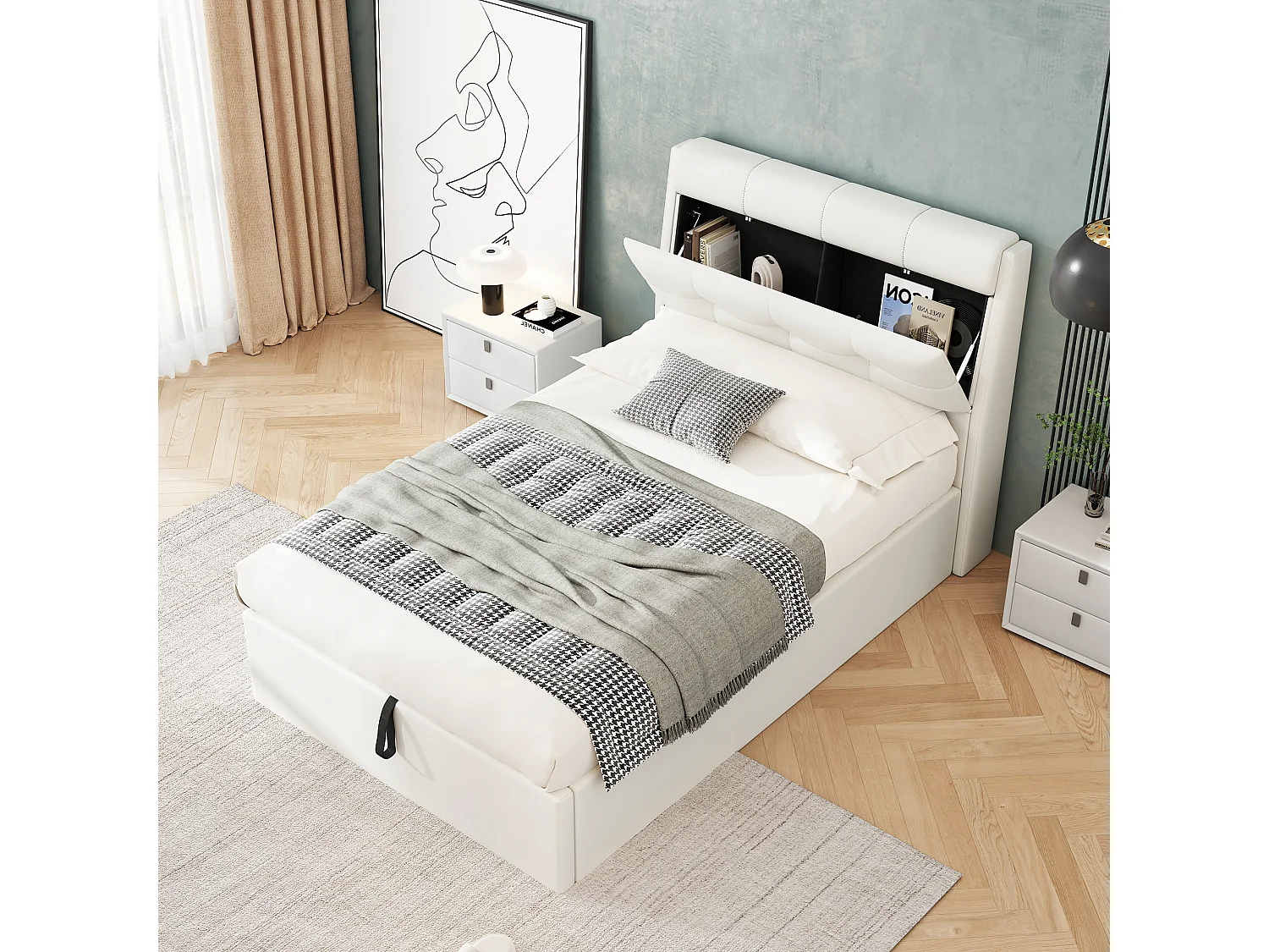 Lit coffre 90x200 cm - lit capitonné avec sommier à lattes et tête de lit coffre - PU - blanc - sans matelas