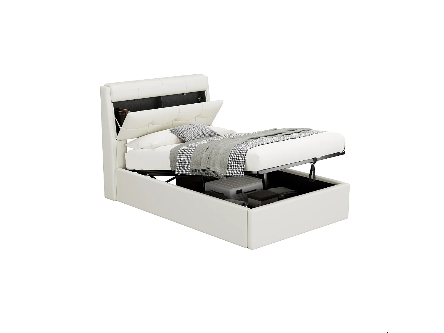 Lit coffre 90x200 cm - lit capitonné avec sommier à lattes et tête de lit coffre - PU - blanc - sans matelas