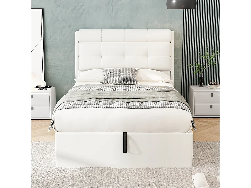 Letto contenitore 90x200 cm - letto imbottito con rete a doghe e testiera contenitore - PU - bianco - senza materasso