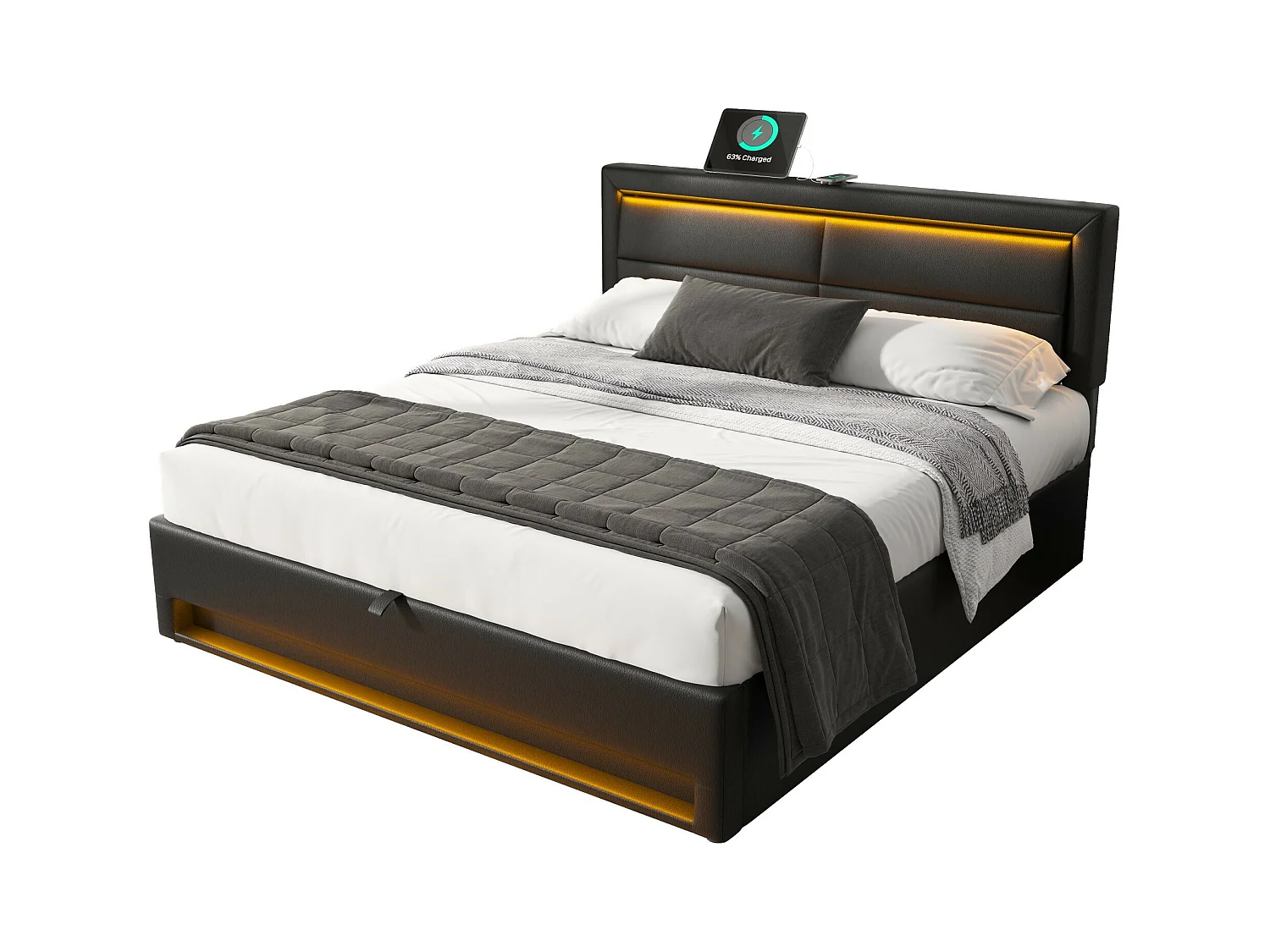 Lit coffre 140x190 cm - lit adulte avec port USB, éclairage LED et rangements - PU - noir - sans matelas