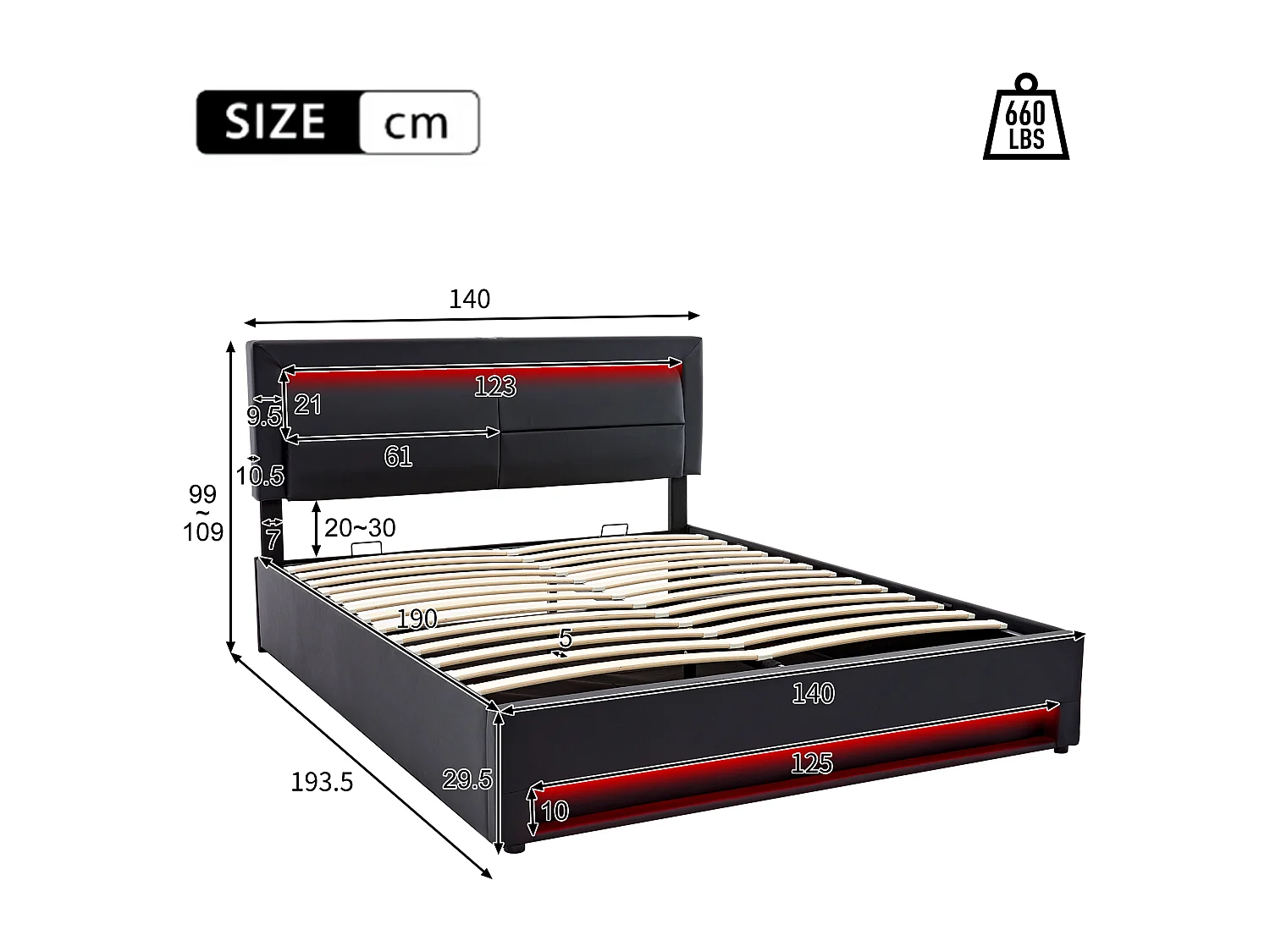 Lit coffre 140x190 cm - lit adulte avec port USB, éclairage LED et rangements - PU - noir - sans matelas