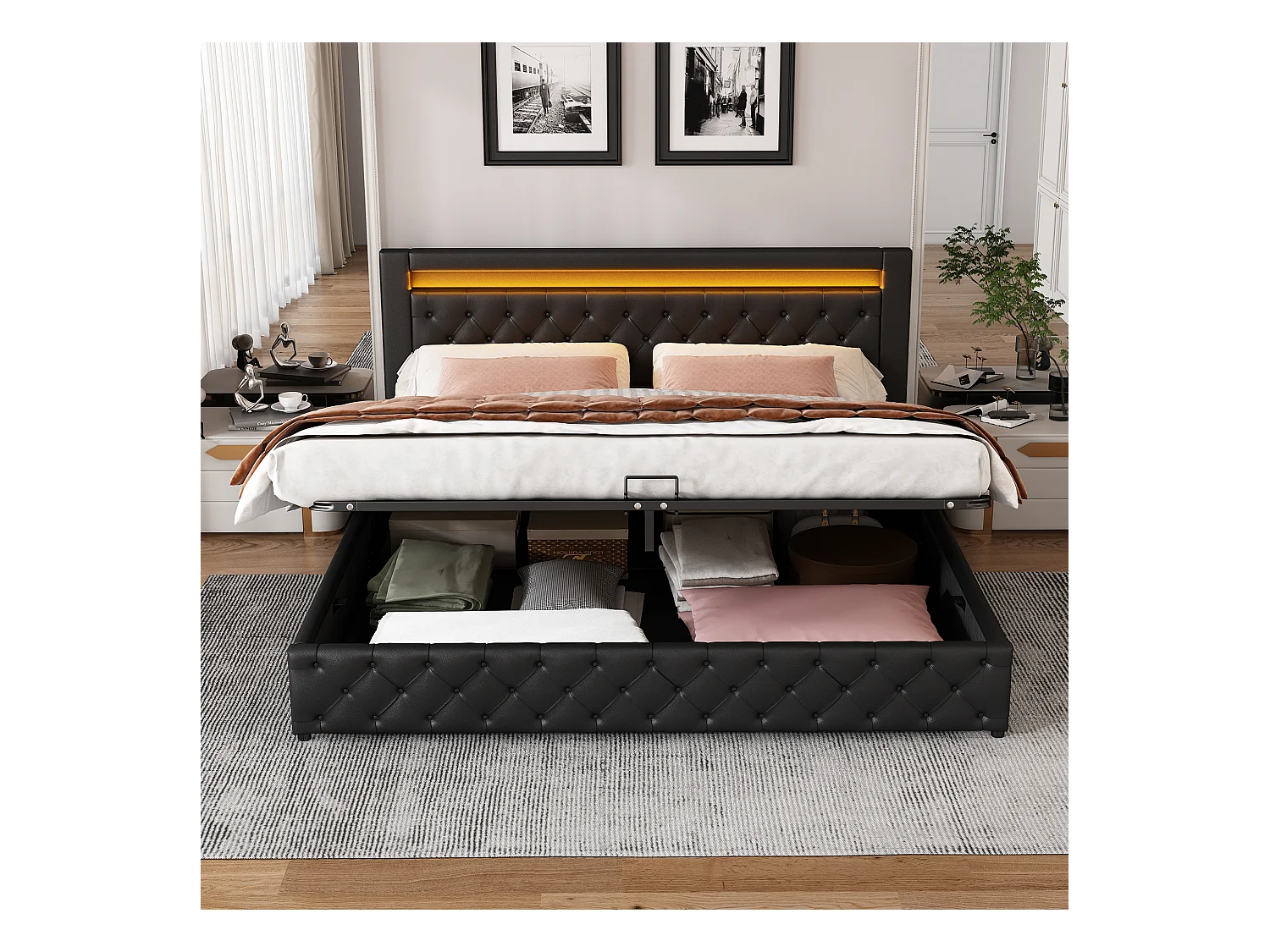Lit coffre 180x200 cm - lit double avec sommier à lattes, rangements et éclairage LED - PU - noir