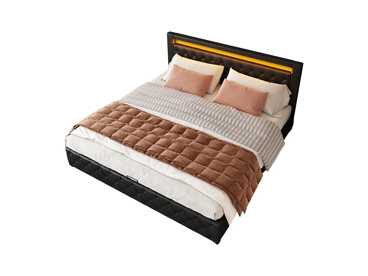 Lit coffre 180x200 cm - lit double avec sommier à lattes, rangements et éclairage LED - PU - noir